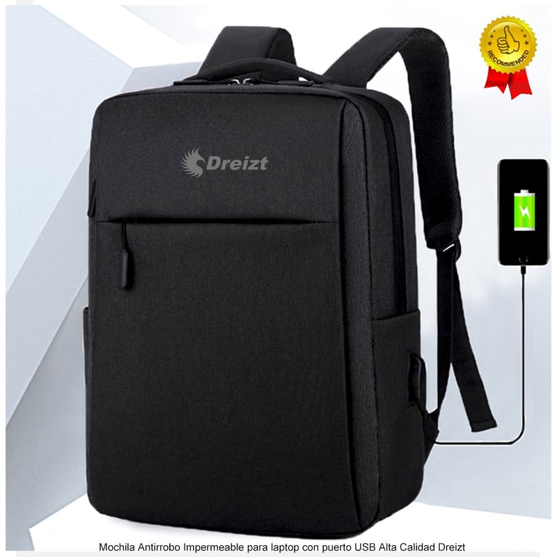 DREIZT - Mochila Antirrobo Impermeable Laptop Puerto USB Calidad Dreizt Negro