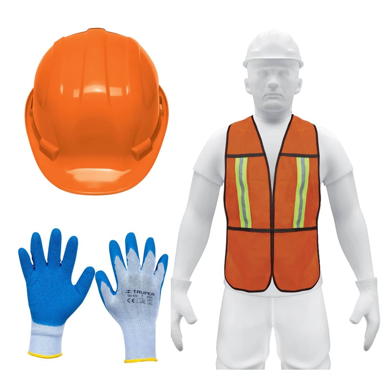 Kit EPPS casco de seguridad naranja guantes chaleco Sodimac Peru