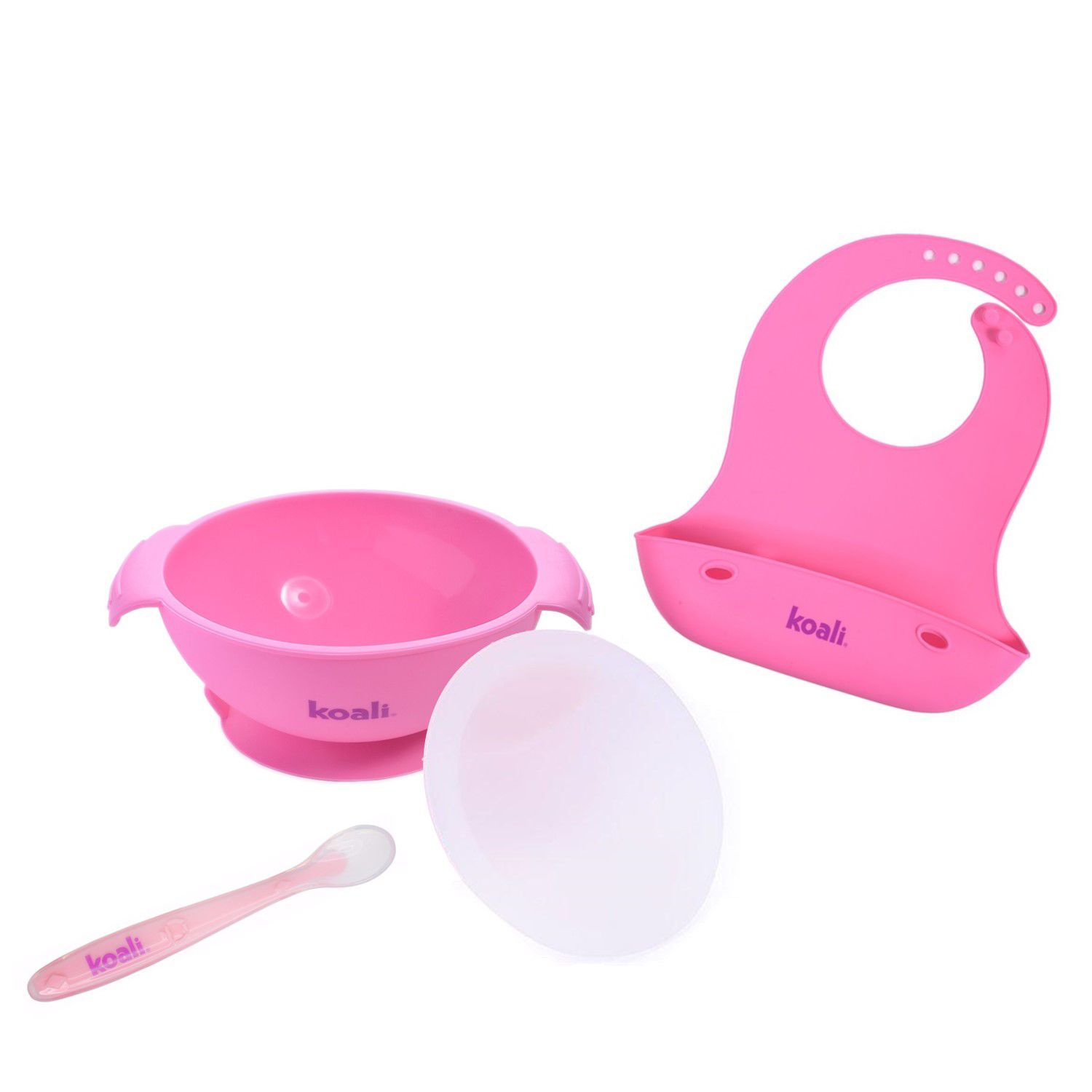 Plato para Bebe Babero Cuchara Tapa Silicona Rosado KOALI falabella