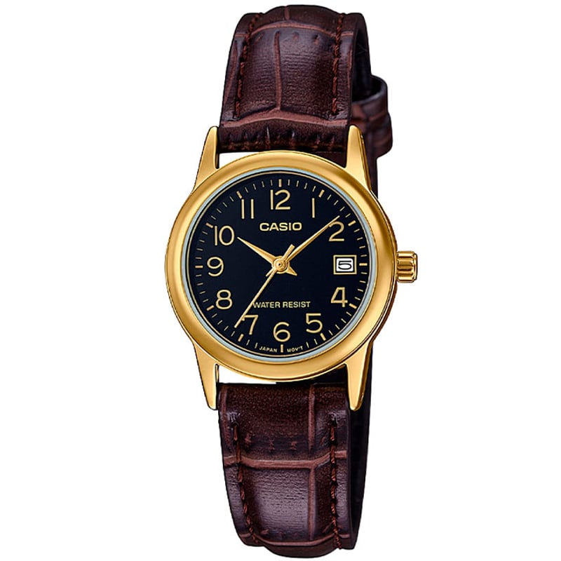 Casio LTP-V002Gl-7B Orologio Donna Quarz Giapponese – Cassa Acciaio Oro E Cinturino Pelle Nera, 25mm