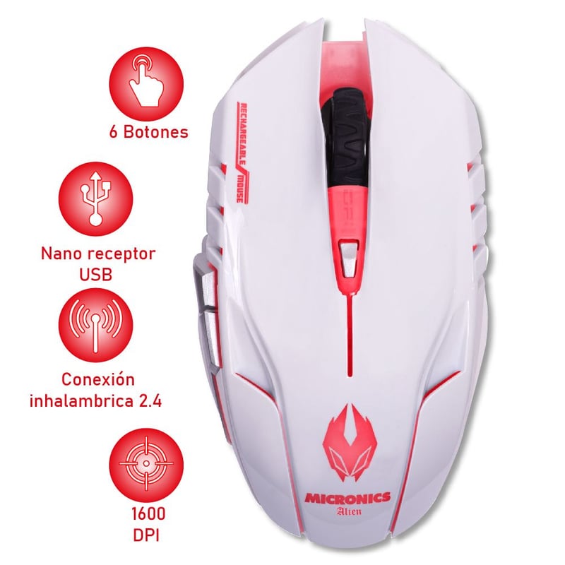 Mouse Gamer Recargable Inalámbrico Alien Blanco MICRONICS | falabella.com