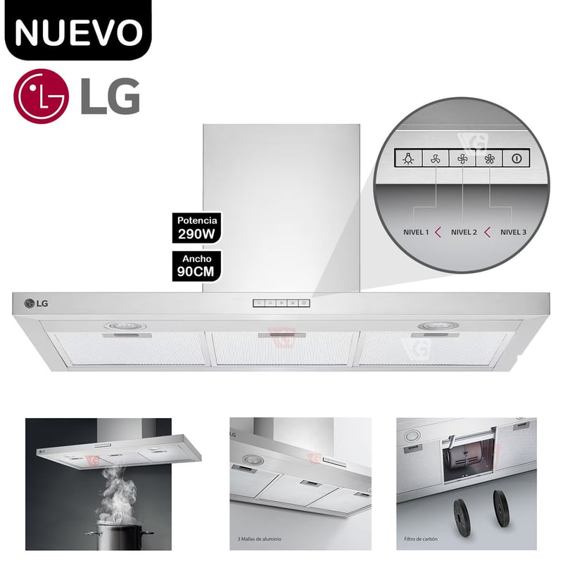 LG - Campana Extractora LG HCEZ3605S2 con Filtro 90cm 3 Velocidades