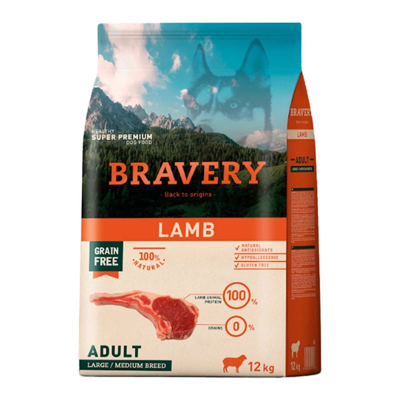 BRAVERY - Comida De Perro Adulto Bravery Raza Grande Cordero 12 Kg