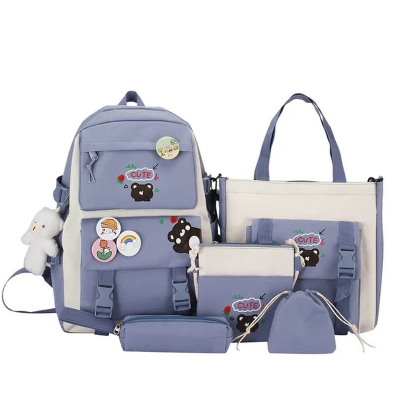 Mochila Coreana Kawai 5 en 1 con pines y peluche Ninas Colegio GENERICO falabella