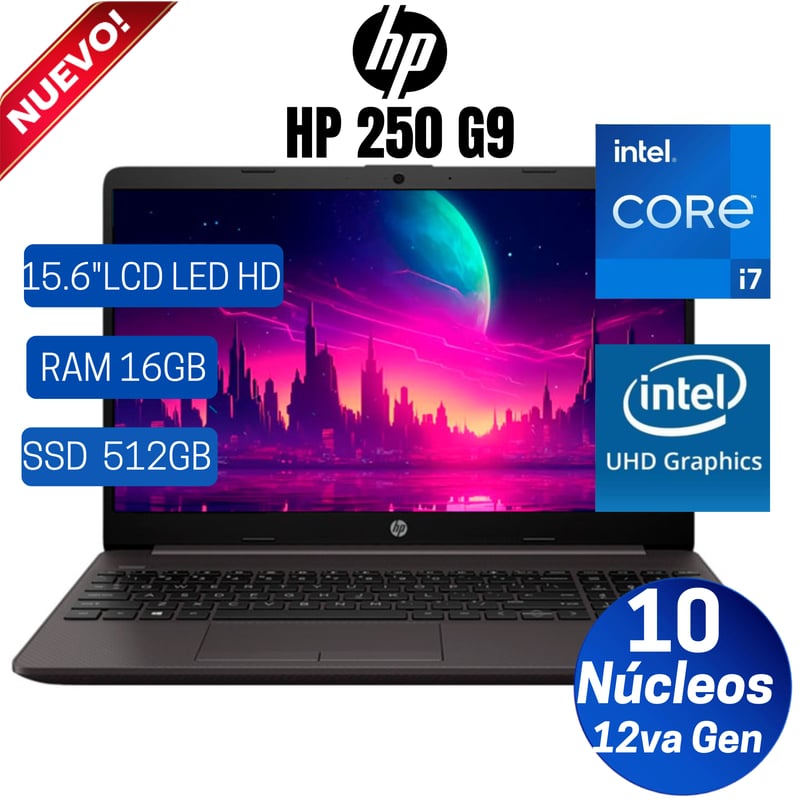 HP - Notebook HP 250 G9 15.6" LCD LED  HD, Core i7-1255U,12va Gen, Ram 16GB, SSD 512GB, Free Dos