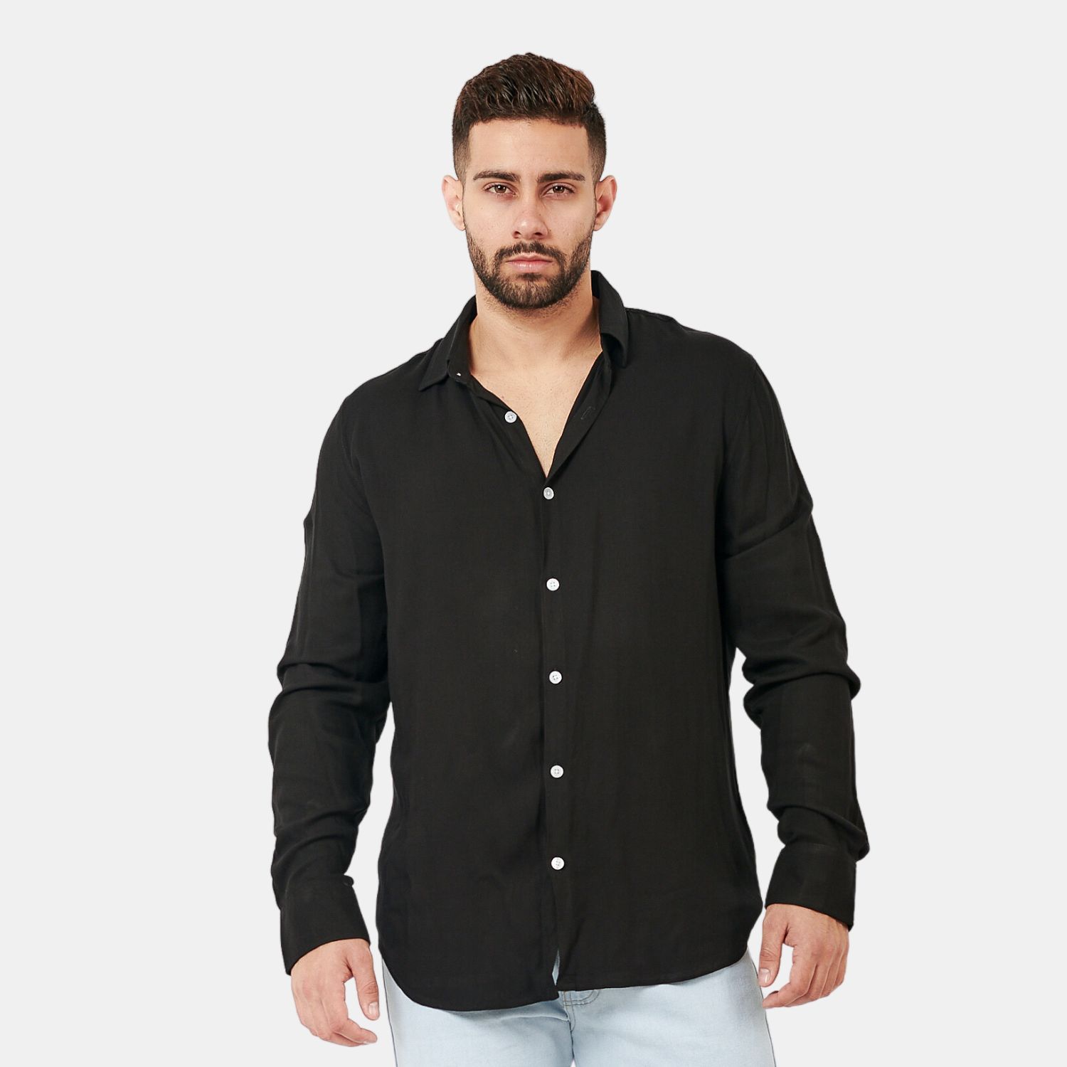 Camisa Manga Larga Hombre Negro Lino Rayon SAN COSME falabella