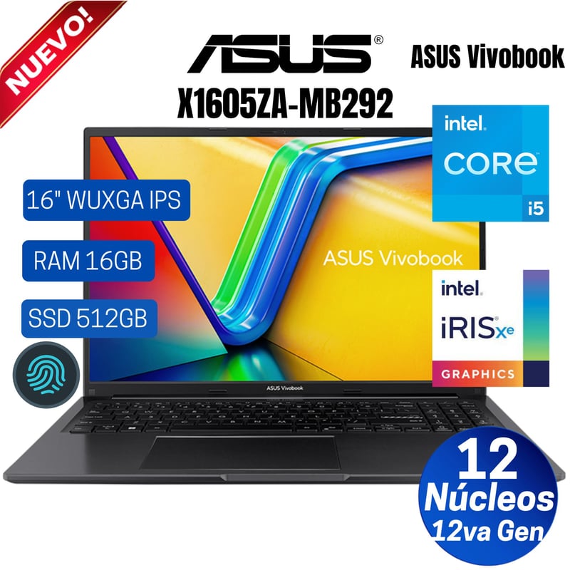 ASUS - Laptop ASUS X1605ZA-MB292 16"  WUXGA IPS, Core i5-12500H,12va Gen, Ram 16GB, SSD 512GB, Free Dos