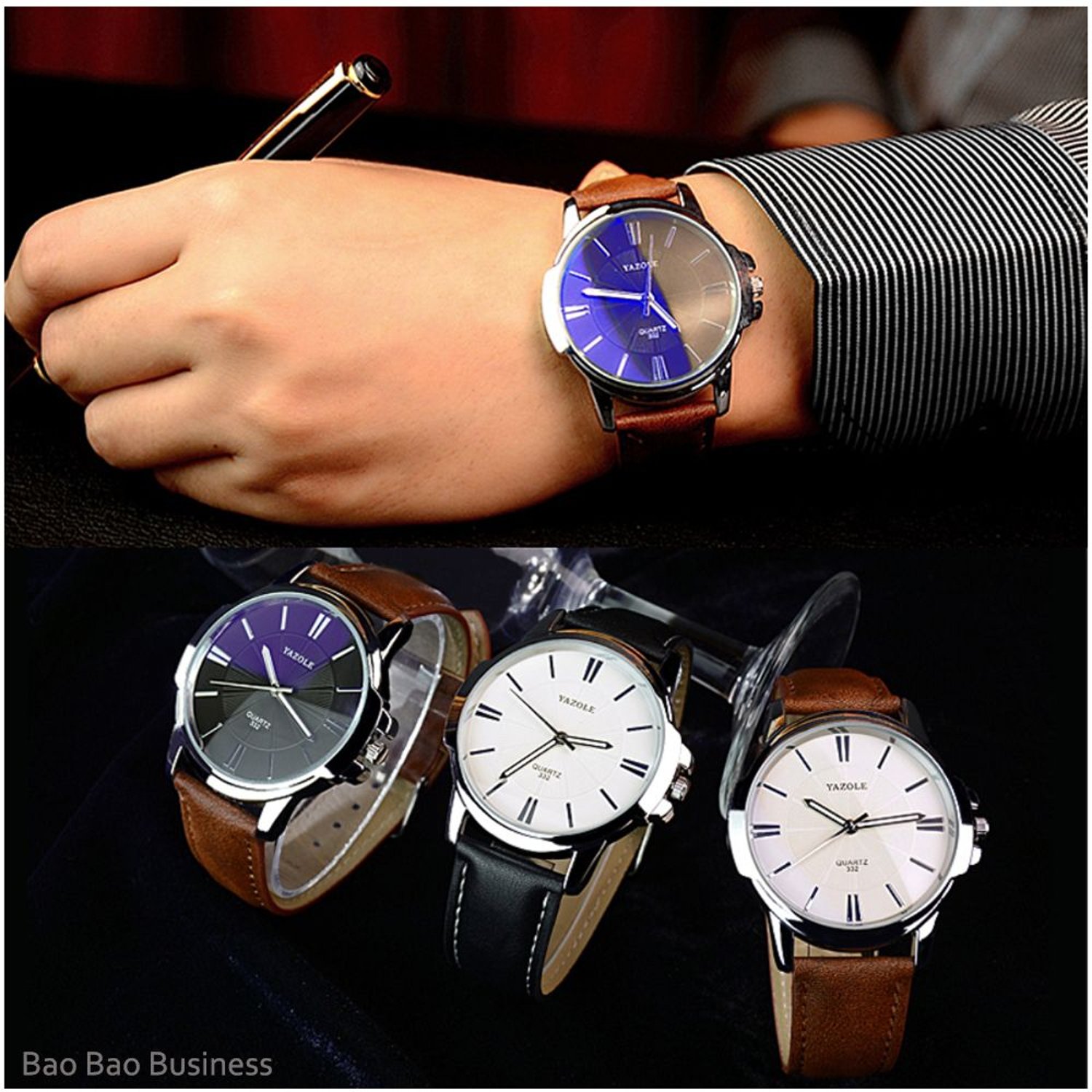 Reloj Hombre Elegante con Correa de Cuero Yazole 332 Negro Marron