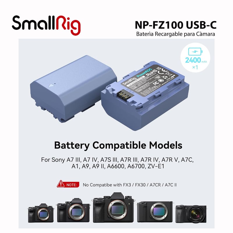 SMALLRIG NP-FZ100 Batteria Con USB-C Ricarica Rapida 2400 MAh Per Sony A7 IV/FX30/A7CIII/A6700 E Altre – Modello 4265B