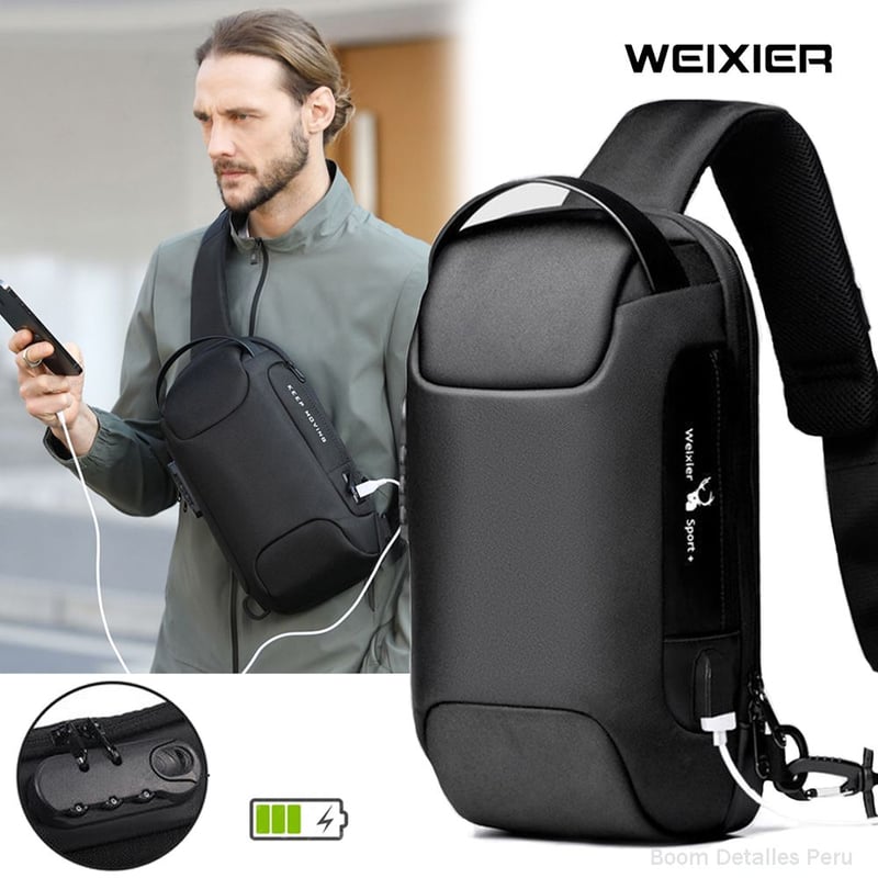 Pechera Morral Hombre Antirrobo Impermeable con USB y Clave Bandolera GENERICO falabella
