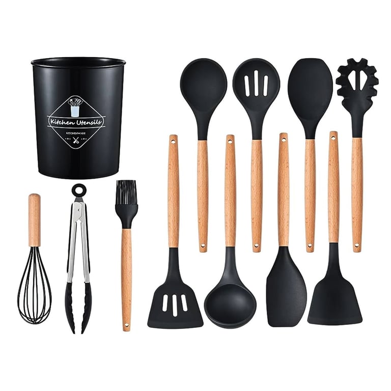 Set De 12 Utensilios De Silicona Con Cuchara Y Espátula Negra