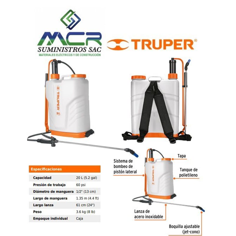 Fumigador de 20 Litros manual de mochila 14193 Truper Sodimac Falabella