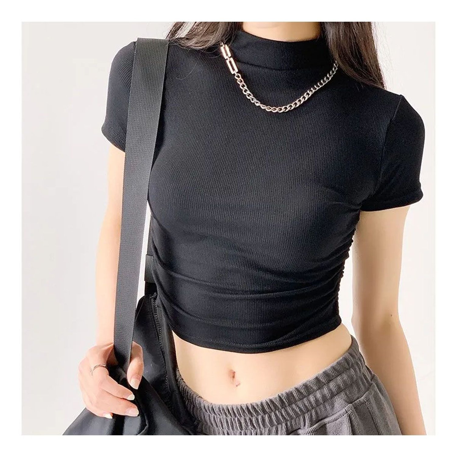 moda mujer poleras top corto de mujer de medio cuello alto