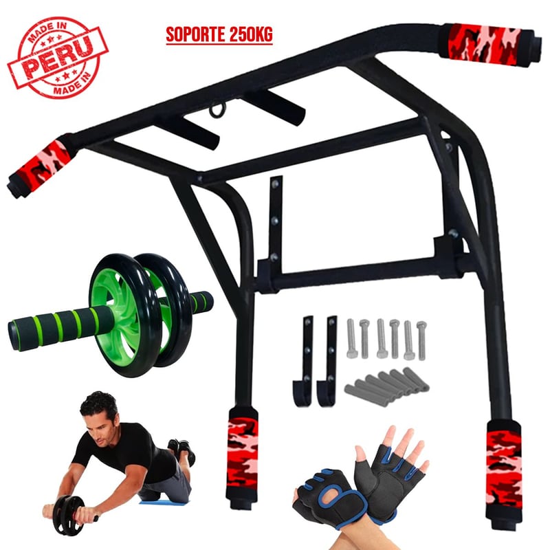 Barra Para Dominadas 2 en 1 Rueda Abdominal Guantes
