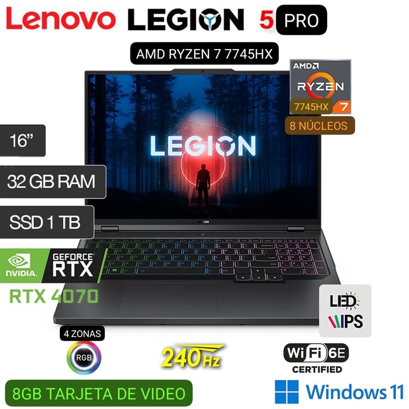 LENOVO - LAPTOP LENOVO LEGION PRO 5 16ARX8 RYZEN 7 7745HX 16" WQXGA IPS 240Hz 32GB RAM 1TB SSD RTX4070 8GB W11