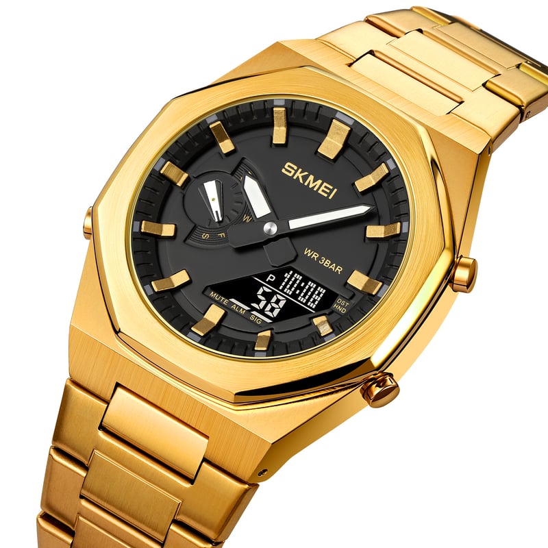 Reloj Skmei 1816 Dorado Fondo negro Analogico Digital Hora Mundial