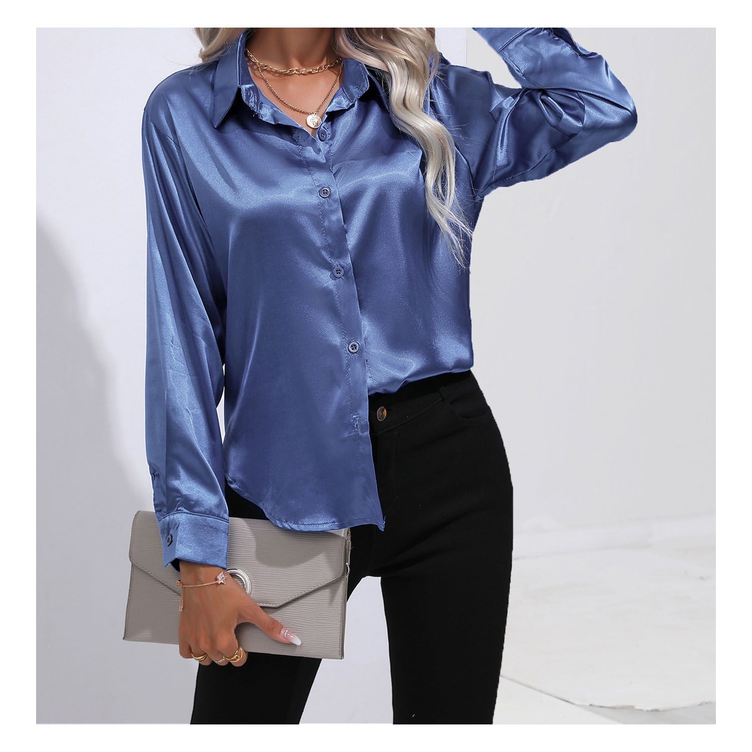 blusas mujer camisa casual con solapa de saten de seda para mujer 42AROZINA falabella