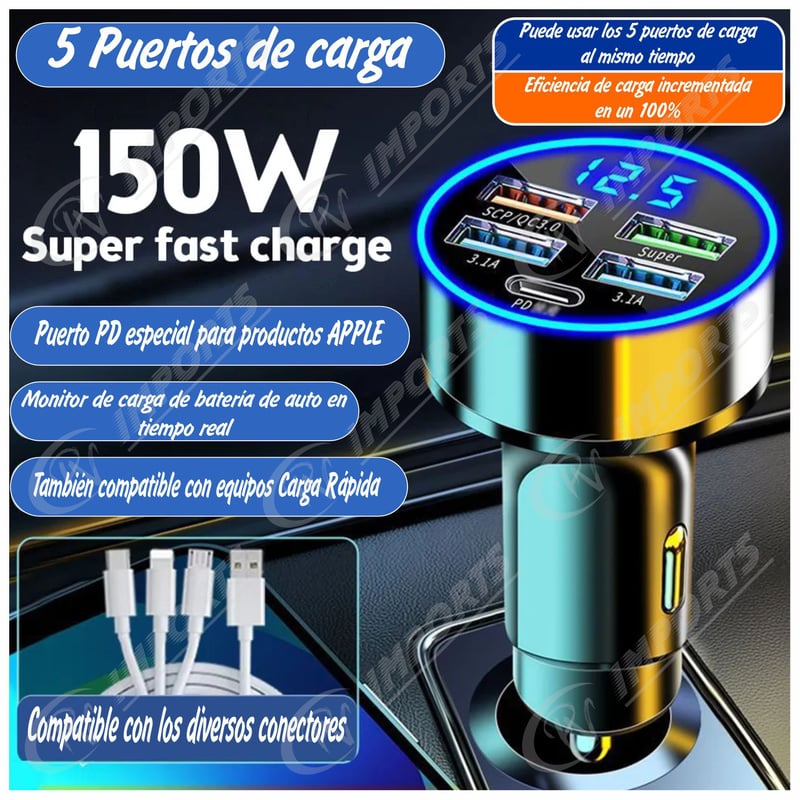 GENERICO - 5 puertos Cargador para Auto USB Medidor Voltaje