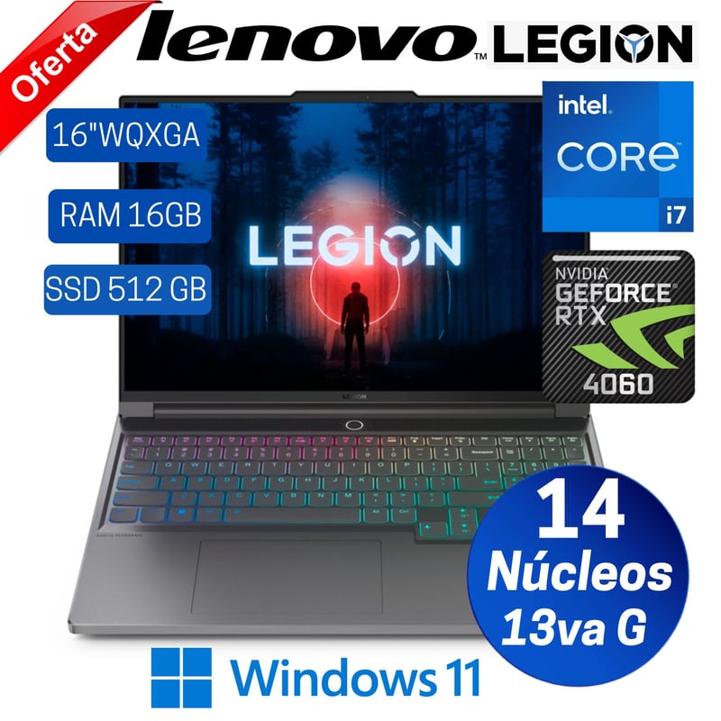 LENOVO - Laptop Lenovo Legion Slim 5 16IRH8 16” WQXGA, Core  i7-13700H, Ram 16GB, SSD 512GB, Rtx 4060, Win11