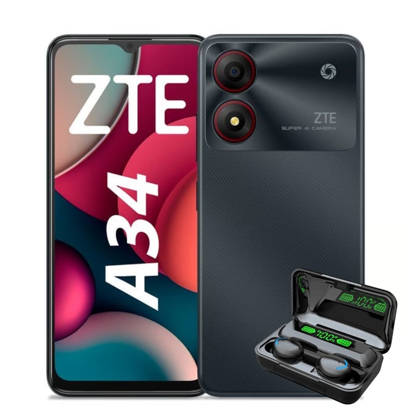 ZTE - ZTE Blade A34 2GB Ram + 4GB 64GB - Negro + AUDIFONOS