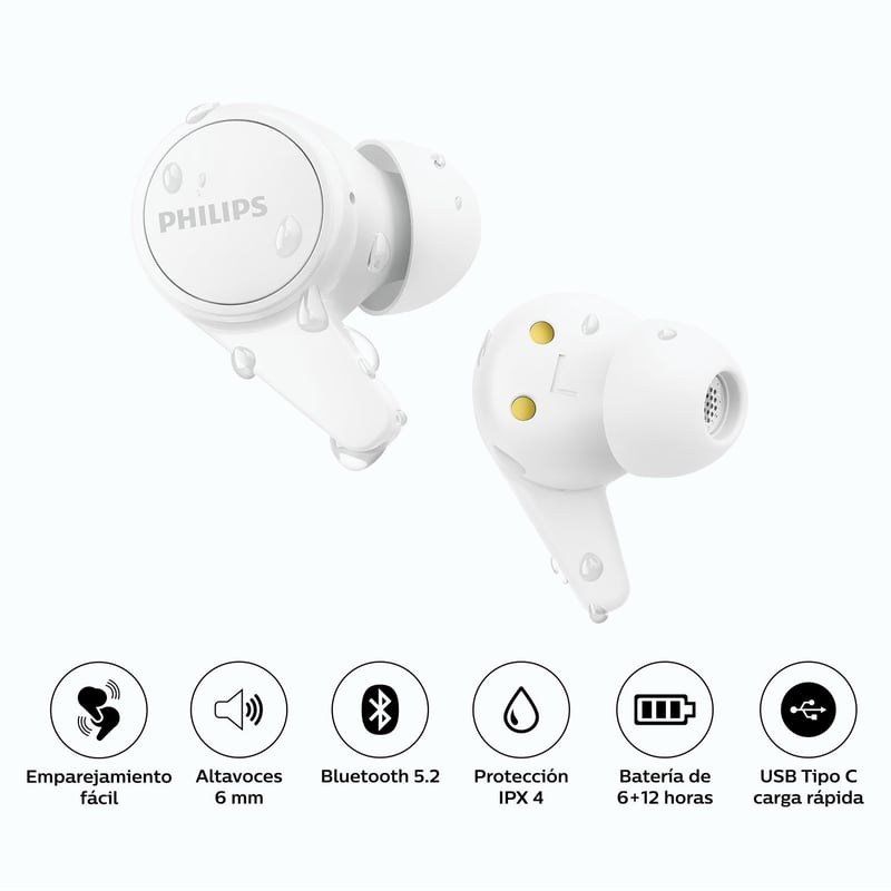 PHILIPS - Audífonos Philips True Wireless 5.2 18Hrs IPX 4 TAT1207WT- BLANCO