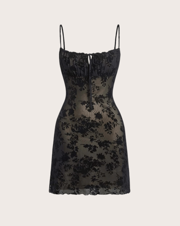 Vestidos largos de encaje y chiffon con tirantes finos Negro