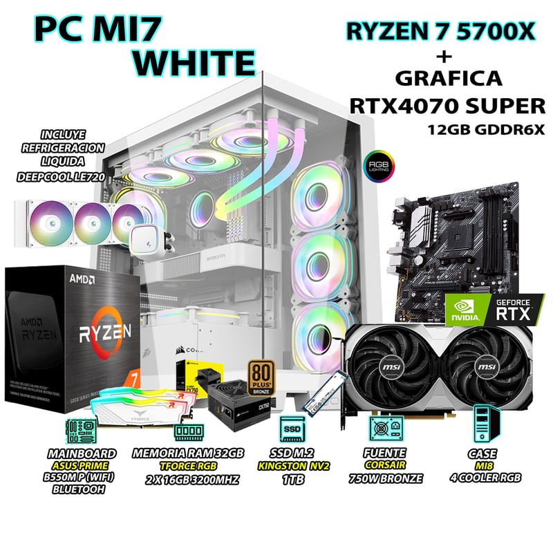 Computadora PC Gamer RYZEN 7 5700X RAM 32GB SSD 1TB GRAFICA RTX 4070 SUPER 12GB AMD