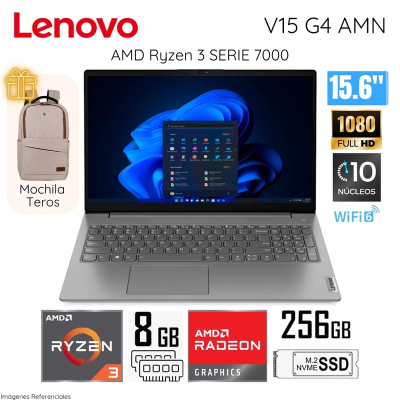 LENOVO - Laptop Lenovo V15 G4 AMN Ryzen 3-7320U 8GB RAM DDR5 256GB SSD 15.6 FHD 82YU00X4LM + Mochila