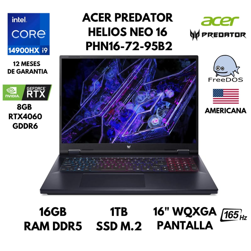 ACER - LAPTOP ACER PREDATOR HELIOS NEO 16 CORE I9-14900HX 16GB RAM 1TB SSD 8GB RTX4060 16" WQXGA AMERICANA