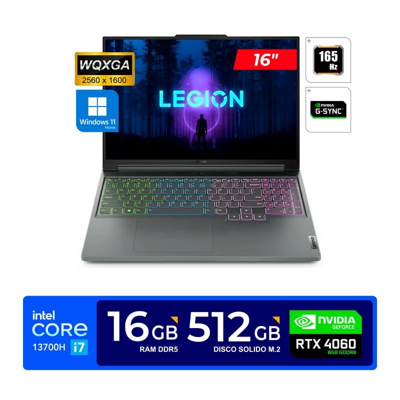 LENOVO - LAPTOP LENOVO LEGION SLIM 5 16" WQXGA IPS Core i7-13700H 2.4/5.0GHz 16GB DDR5 512GB RTX 4060 8G W11