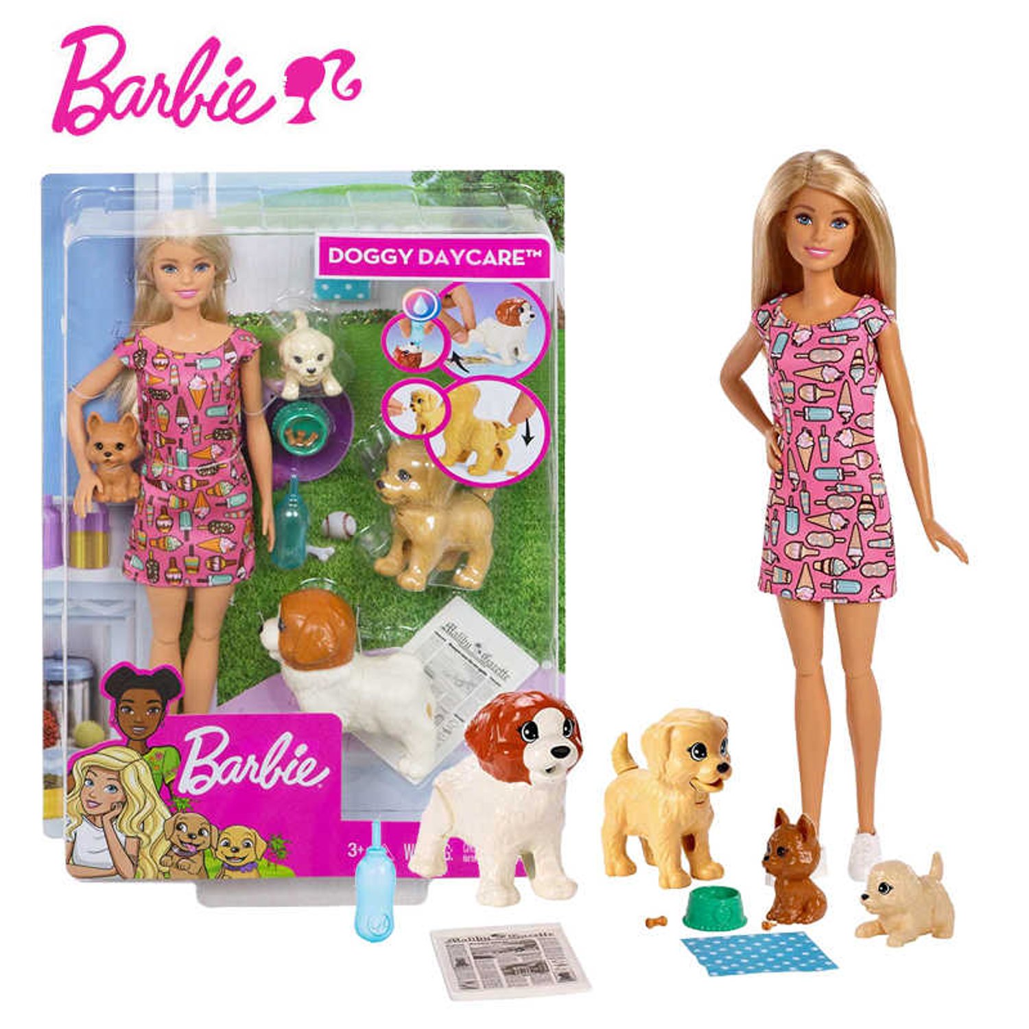 Barbie Muneca cuidadora de perros rubia con 4 perros BARBIE falabella