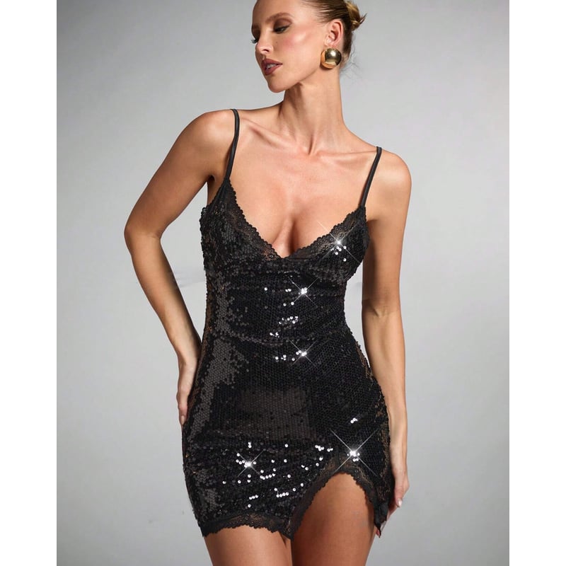 GENERICO - Vestido Encaje Brillos Negro Fiesta De Tiras