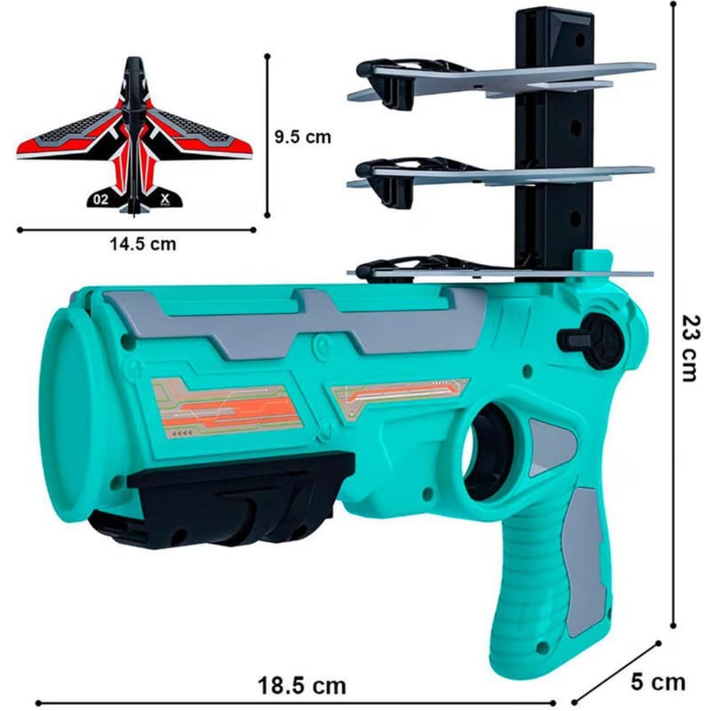 KAST PE - FlyGo™ Pistola Turquesa de juguete Lanza Aviones - 4 aviones