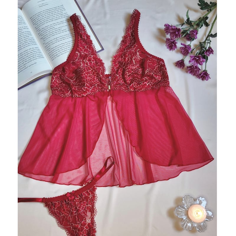 Babydoll Encaje y Tul Mujer Mayra Rojo Vino GENERICO