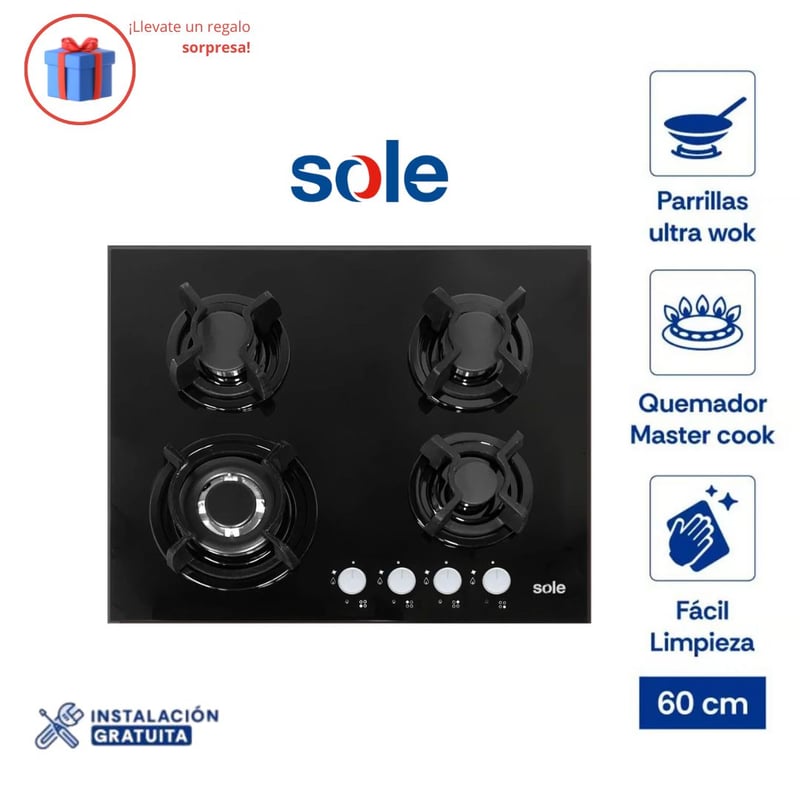 SOLE - Encimera Vidrio Templado Sole A Gas 60cm