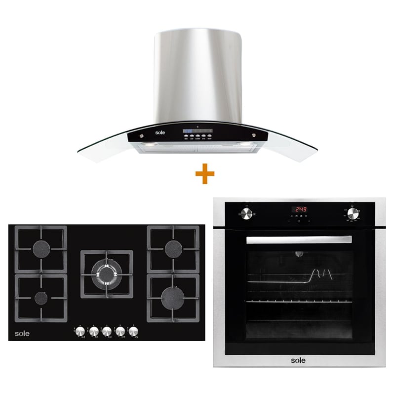 SOLE - Combo: Cocina Sole Empotrable SOLCO041 76 cm 5 Hornillas + Campana con Filtro TURE63CO 3 Velocidades + Horno Empotrable a Gas SOLHO007 Grill y Rosticero