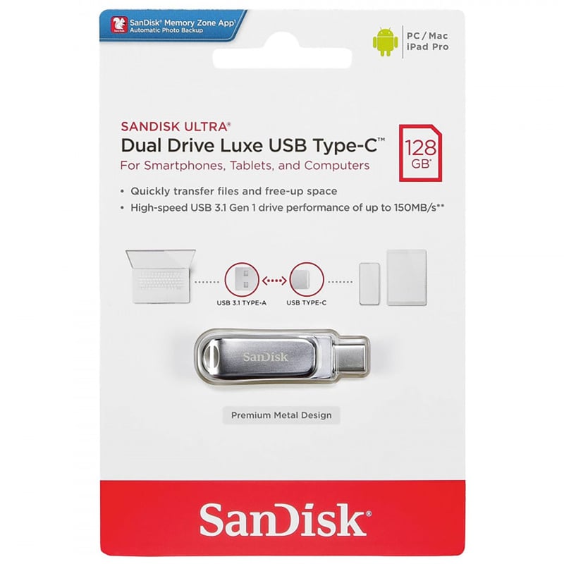 SANDISK - Memoria USB SanDisk Ultra Dual Drive Luxe 128GB USB 3.1 Tipo-C