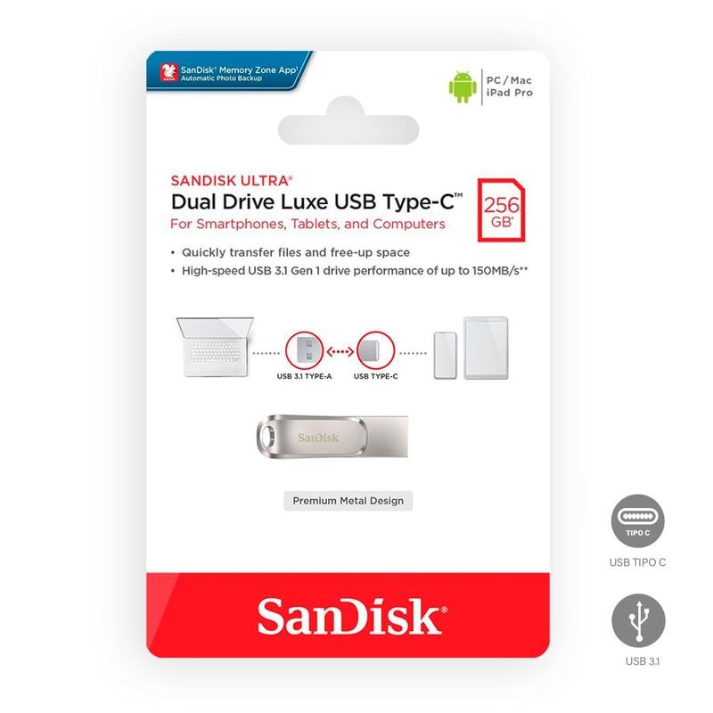 SANDISK - Memoria USB 3.1 SanDisk 256GB Ultra Dual Drive Luxe Tipo C