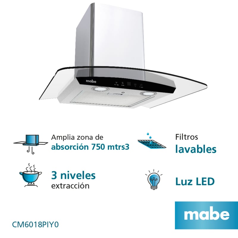 MABE - Campana De Pared 60 Cm 3 Velocidades Inox Mabe - Cm6018piy0