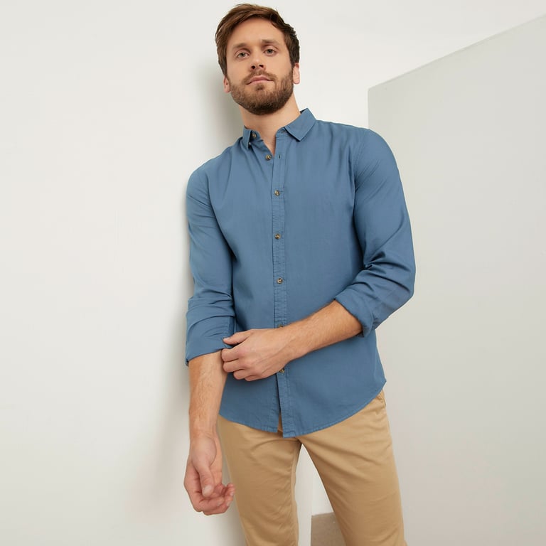 Camisa De Algodón De Hombre De Corte Regular De Rayas En Color Azul Y