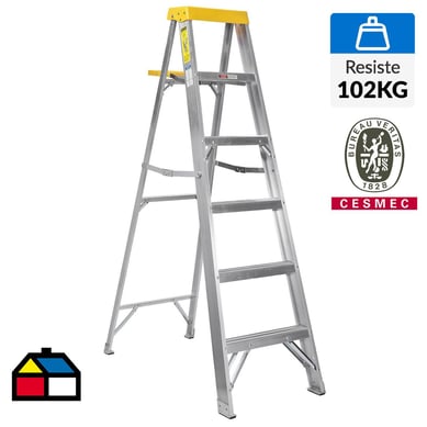 Escalera tijera aluminio 5 peldaos alto 1.87 m. Resistencia 102 kg