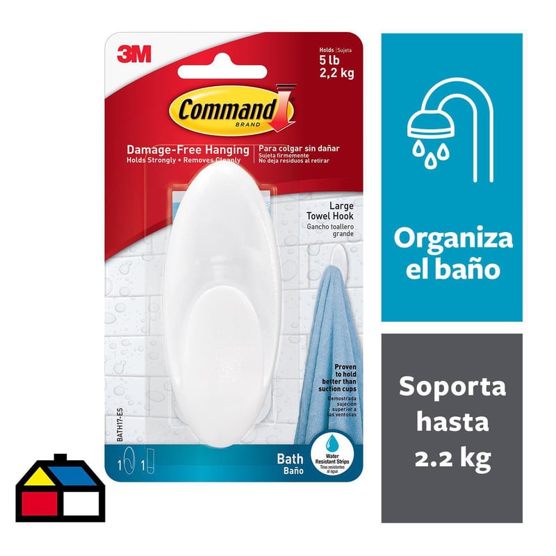 COMMAND - Gancho para Baño con Tiras Impermeables Grande Blanco