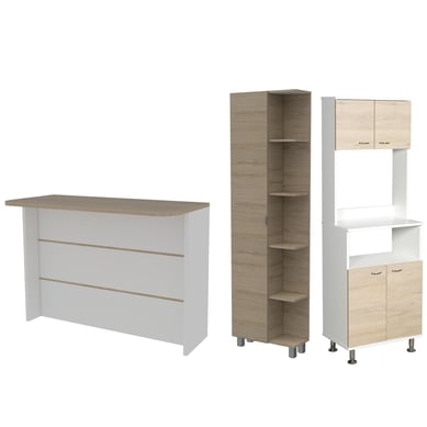 Set mueble microondas + isla de cocina + estante rovere/blanco