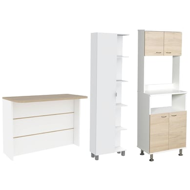 Set mueble microondas + isla de cocina + estante rovere/blanco