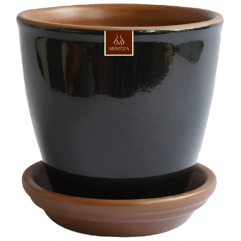 MESTIZA - Set Macetero Ceramico Zafiro Negro, 17cm y Plato decorativo