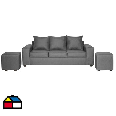 Living Kahlo 3 cuerpos + 2 pouf tela gris oscuro