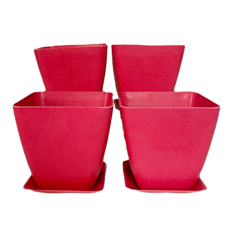 DECOGREEN - Set  4 maceteros y platos bio bamboo cuadrado coral 13,3x13,3x12,4 cm