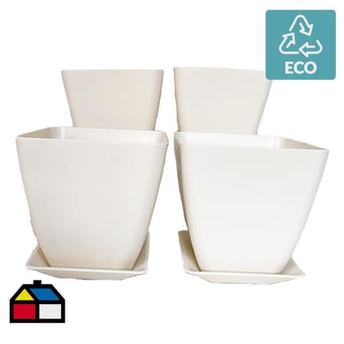 Set  4 maceteros y platos bio bamboo cuadrado blanco 13,3x13,3x12,4 cm