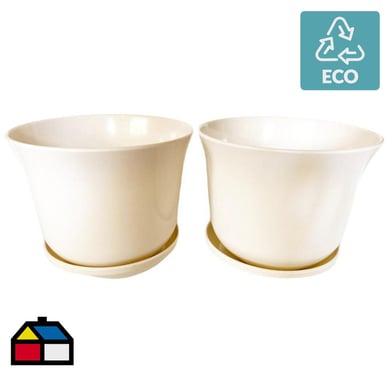 Set 2 maceteros y platos biodegradable bamb curvo blanco 16,5x16,5x13