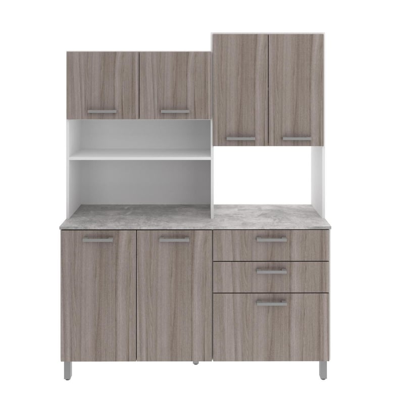 TECNOMOBILI - Kit Mueble Cocina 6 Puertas 3 Cajones Bl/Carvalho/Concreto CZ1013BC